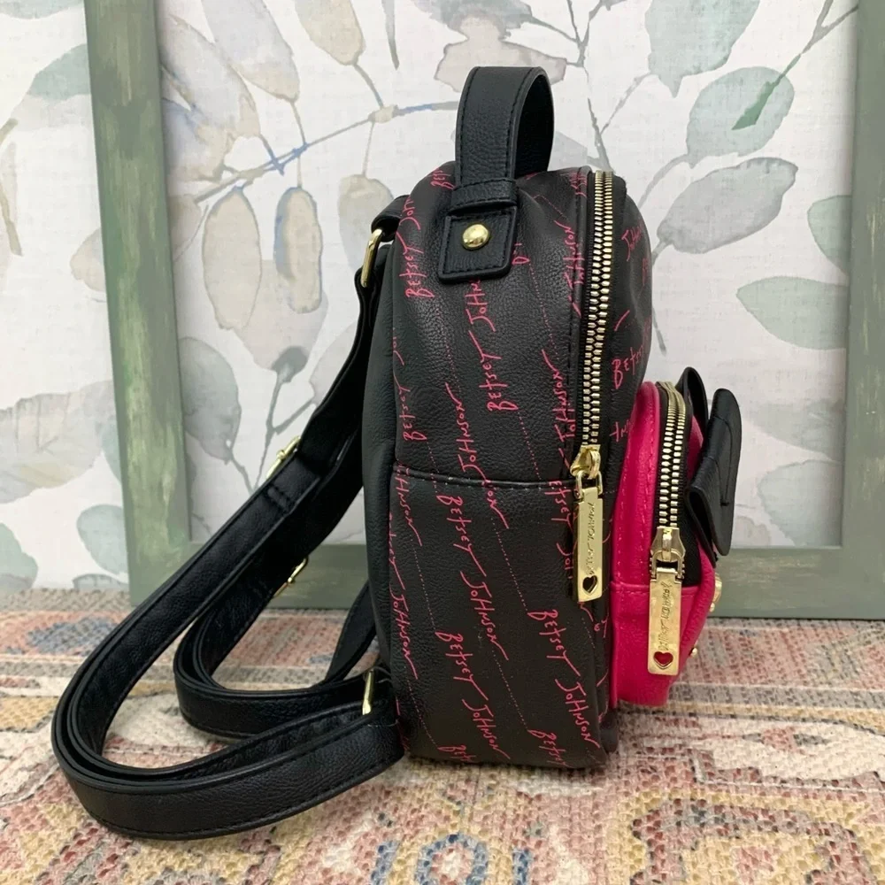 #64 Betsey Johnson Kitsch Puppy Black Pink Mini Backpack Tote Handbag Purse Bag